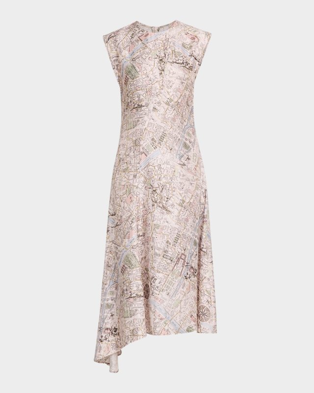 Enea Asymmetric Map-Print Midi Dress